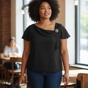 VTG 90s SL Fashions Womens Top 16 Black Asymmetrical Drape Brooch Cocktail Party